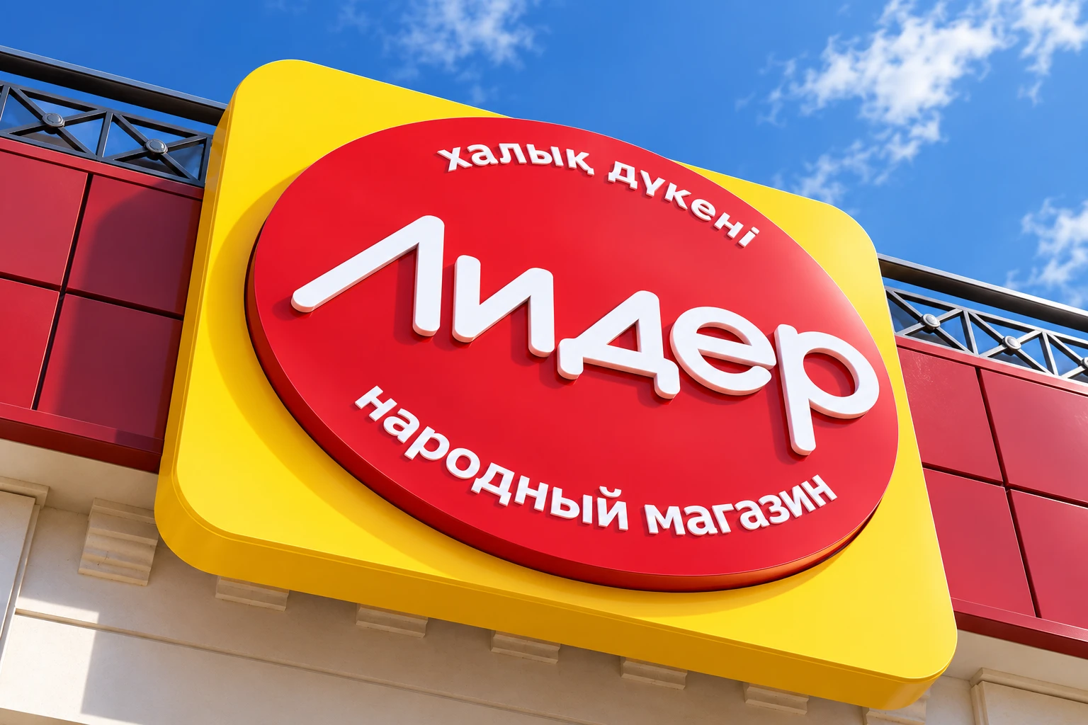 Вывеска супермаркета «ЛИДЕР» в Актау — наружная реклама и оформление фасада от VFORMATE.
